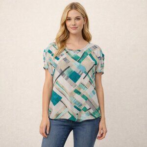 2/$30 White House Black Market Shortail Geometric Print Blouse Multi XS #8655